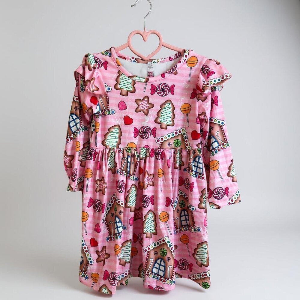 Girls Pink Gingerbread Christmas Dress